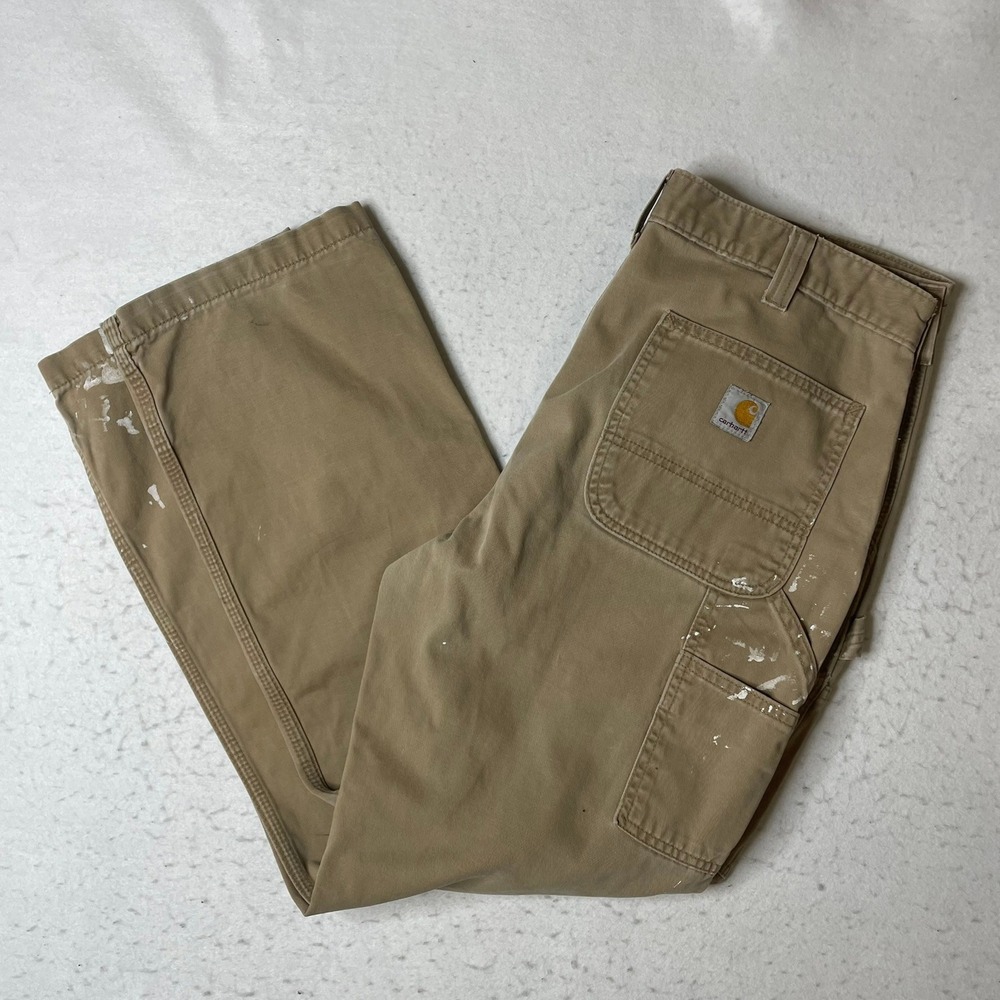Carhartt Carpenter Pants Mens 34x30 Tan Distressed Paint Splatter Workwear